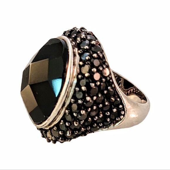 Sterling Faceted Oval Onyx Cab All Around Sparkle Ring - Picture 1 of 9